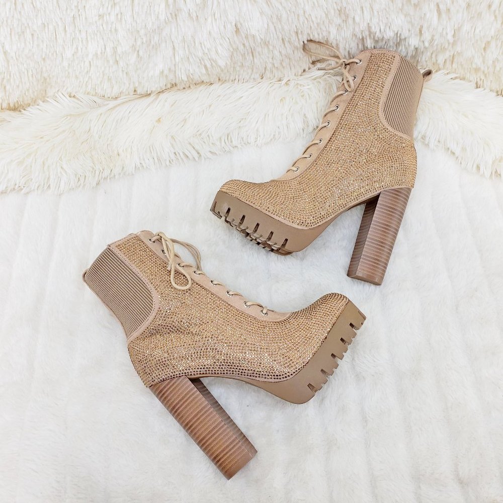 Natural Tan Sparkle Rhinestone Chunky High Heel Ankle Boots